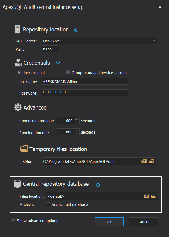 Configure the central repository database location