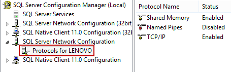 Selecting Protocols for <your server name> under the SQL Server Network Configuration