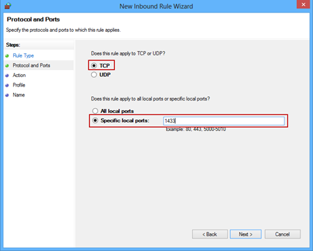 Configuring protocols and ports in the New Inbound rule wizard