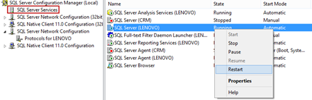 Right-clicking SQL Server (instance name), and clicking Restart