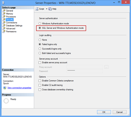 Setting the Server authentication to SQL Server and Windows Authentication mode