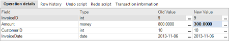 The Operation details pane, showing additional information for the selected SQL transaction