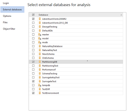 Selecting external databases for analysis in ApexSQL Clean