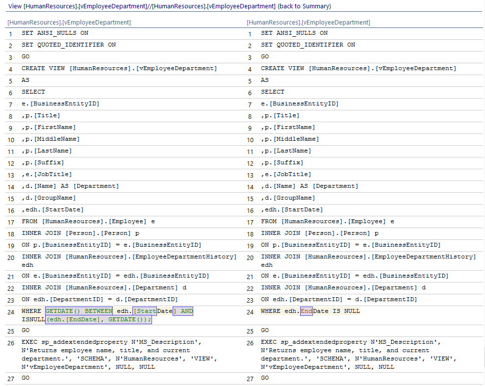 ApexSQL Diff example of the View SQL object in this case vEmployeeDepartment view