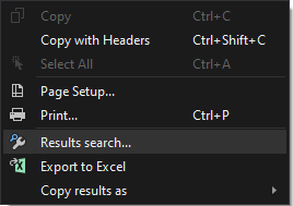 Results search command in the context menu