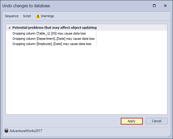 Database source control - the Undo changes to database window - the Apply button