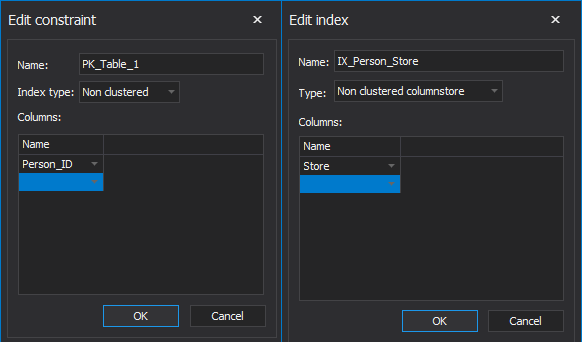 Edit constrains and index window 