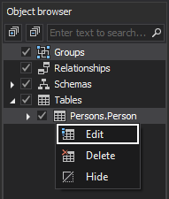 Edit table feature using the Object browser pane