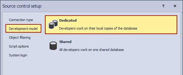 Linking a database to the dedicated development model