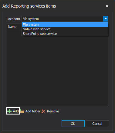 Location options for adding reporting services items