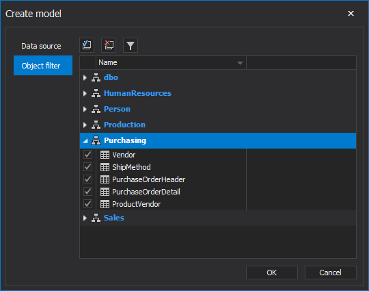 Schemas objects options under Object filter tab in the Create model window 
