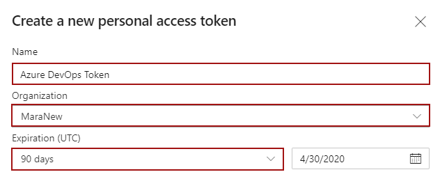 Specifying the Token name, organization and expiration data in the Create a new personal access token window