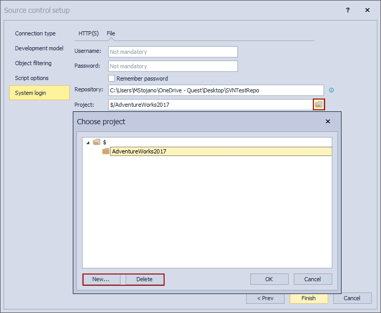 The Choose projet window when linking a database to Subversion repository
