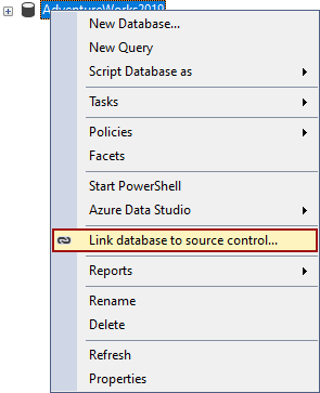 The Link database to source control command in the Object Explorer panel