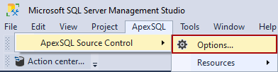 The Options command from the ApexSQL Source Control menu in SSMS