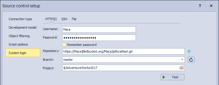 The System login tab in the Source contro lsetup window