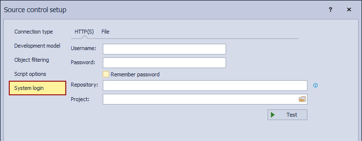 The System login tab when linking a database to the Subversion repository