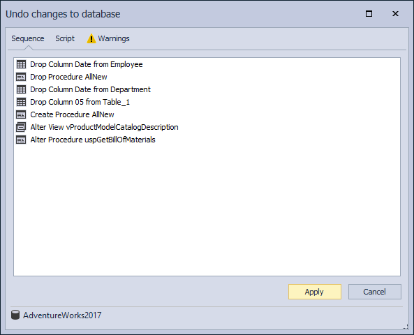 The Undo changes to database window