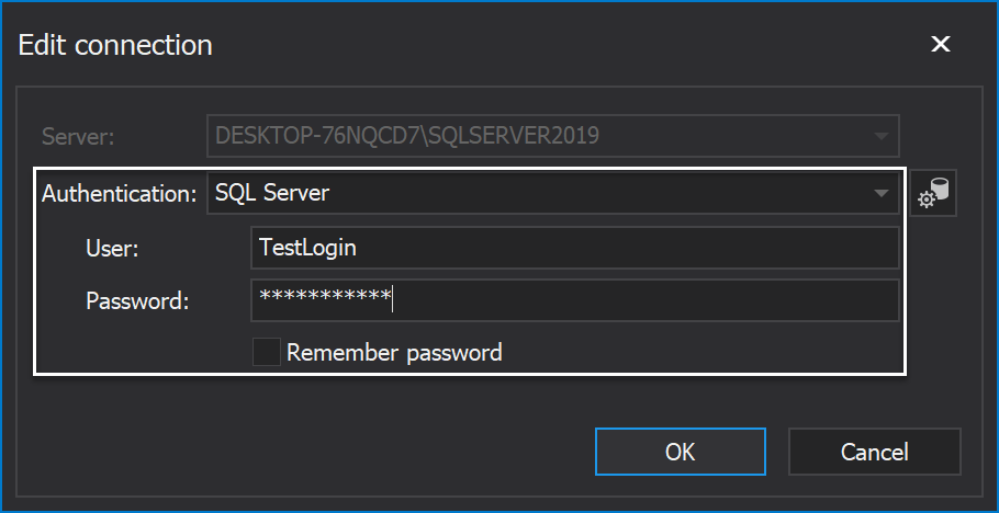 Edit connection for a SQL Server instance