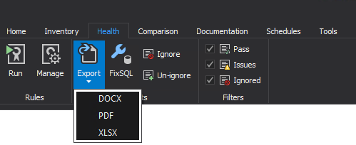 Exporting health check results in DOCX, PDF, XLSX file format within SQL manage instance tool