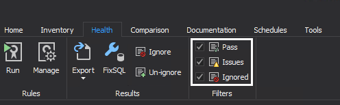 Filter health check results for issues in SQL manage instance tool