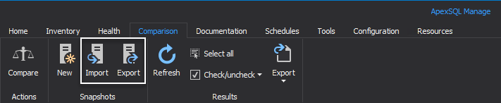 Importing and exporting SQL Server snapshots from the Comparison tab