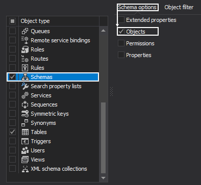 Select schema options from the Schema options grid, which will be included in the documentation