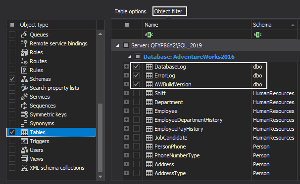 Select specific tables from the Object filter grid 