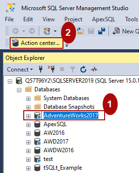 The Action center command in the ApexSQL Source Control toolbar