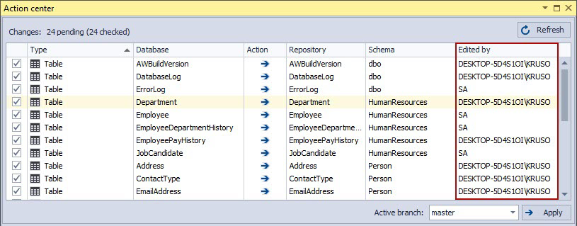 The Action center tab in the database source control