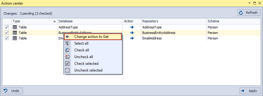 The Change action to Get right-click context menu command in the Action center tab