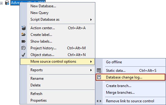 The Database change log command from the More source control options submenu in Object Explorer