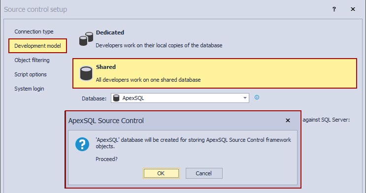 The development model tab in the Source control setup window