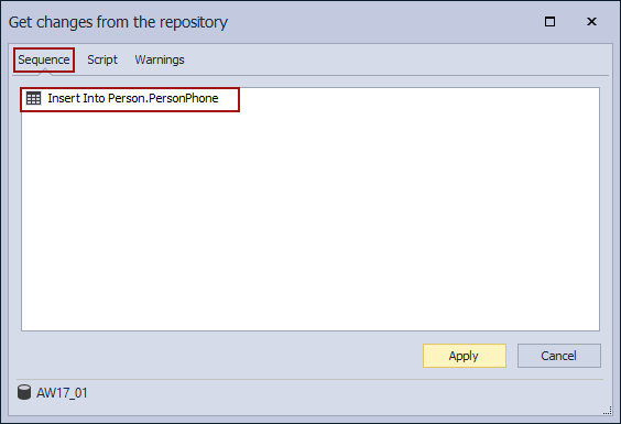 The Insert Into sequence under the Sequence tab of the Get changes from the repository window