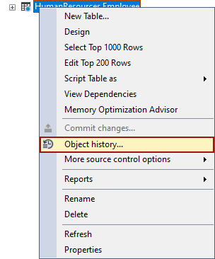 The Object history right-click context menu command in the Object Explorer panel