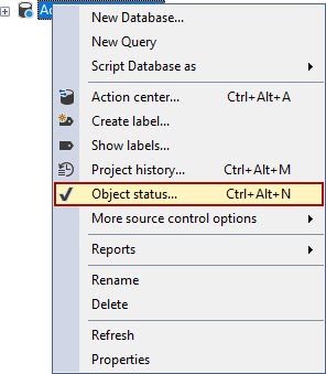 The Object status command from the right-click context menu of the database source control