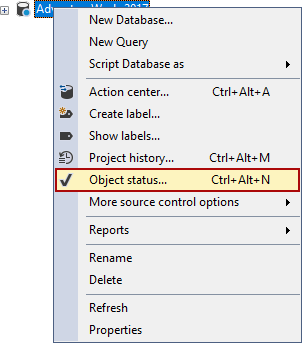 The Object status command in the Object Explorer right-click context menu