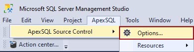 The Options button from ApexSQL Source Control main menu in SSMS