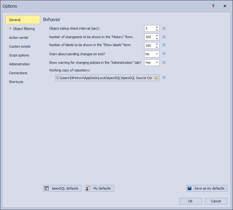 The Options window of ApexSQL Source Control in SSMS