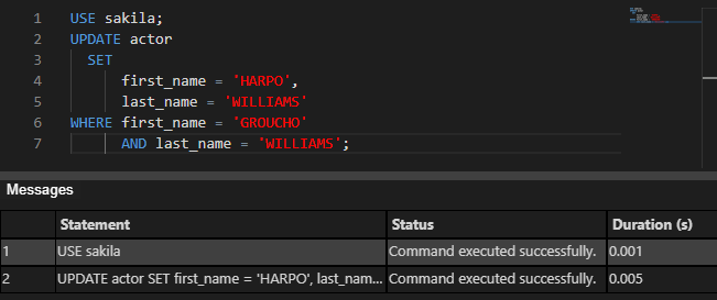Command executed successfully info message Query results pane