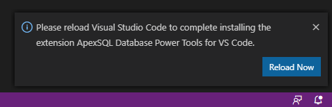 Please reload Visual Studio Code to complete installing the extension ApexSQL Database Power Tools for VS Code info message