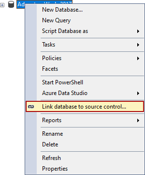 The Link database to source control command in the right-click context menu from the Object explorer panel
