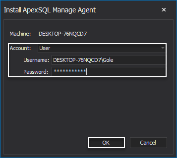 ApexSQL Manage Agent configuration step