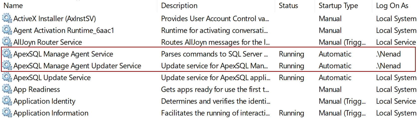 ApexSQL Manage services in Windows Services window 