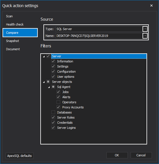 Quick compare settings in the ApexSQL Manage