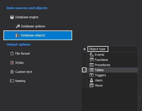 Select database object types which will be documented