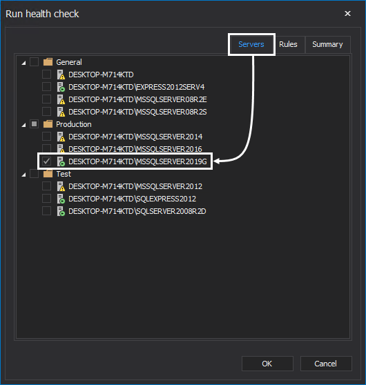 SQL instance selection for a database health check  