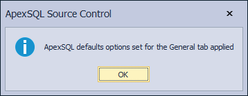 The information message when the ApexSQL defaults button is clicked