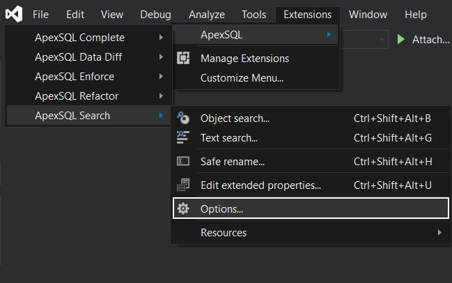 The Options command in the ApexSQL Visual Studio add-in tools 