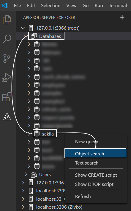 Object search command from database level context menu